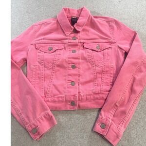 Levis Jeans Pink Denim Trucker Jacket Womens Small Cropped Distressed Stretch